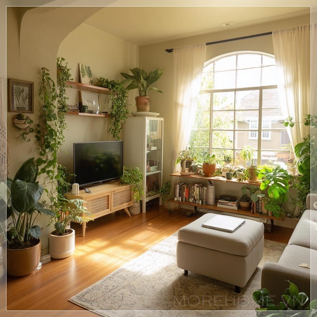 Phòng khách ấm cúng với nhiều cây xanh...