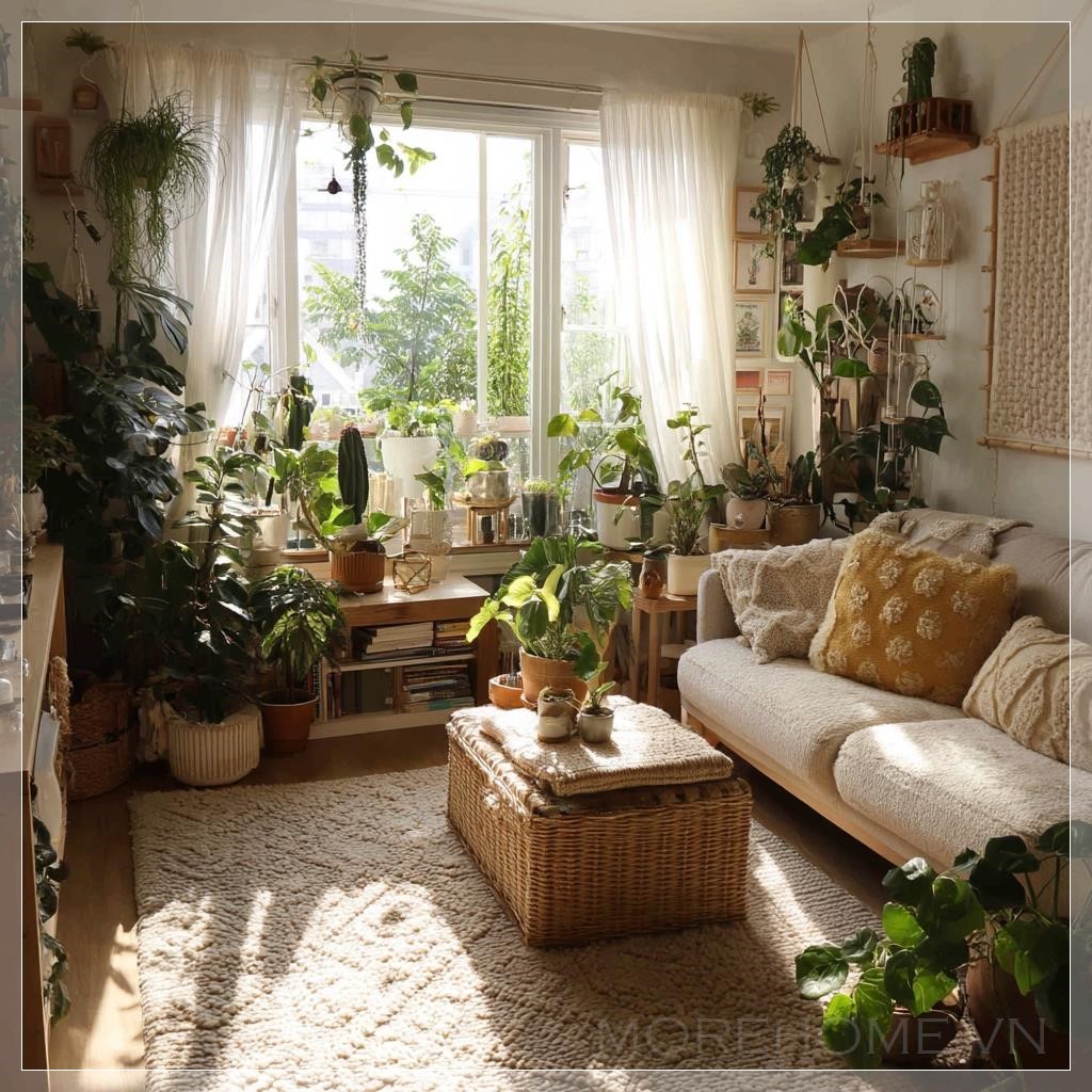 Phòng khách ấm cúng với nhiều cây xanh...
