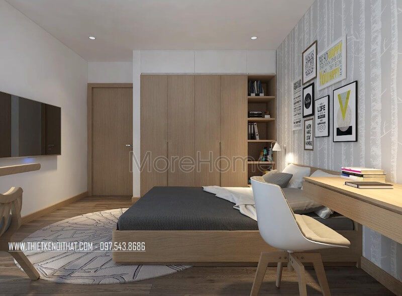 Không gian phòng ngủ con trong căn hộ được thiết kế theo phong cách hiện đại với sự sử dụng của gỗ công nghiệp. Từ chiếc giường, tủ áo, bàn học đến các trang thiết bị khác đều được thiết kế với chất liệu này.